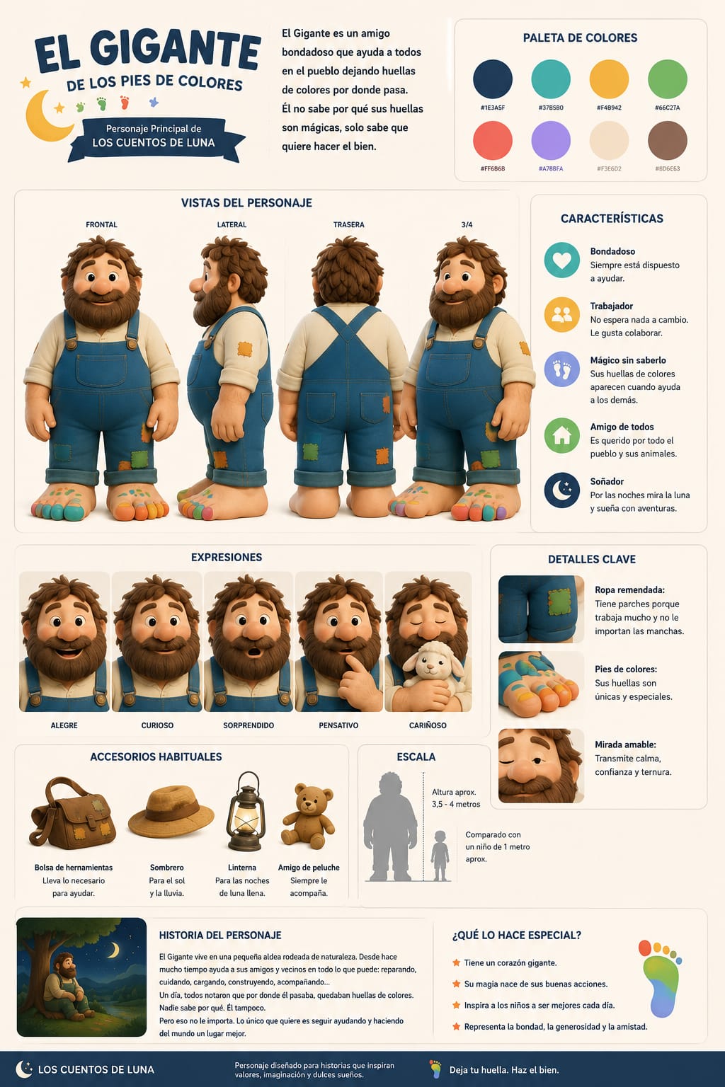 Ficha visual del Gigante de los Pies de Colores, con sus expresiones, huellas y colores